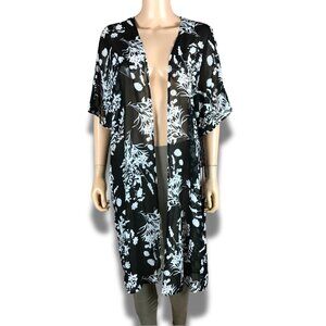 CALVIN KLEIN Black/White Floral Chiffon Cover-up Kimono NWT 4